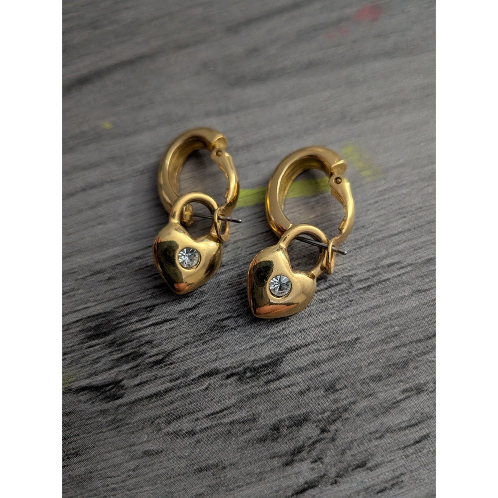 Gold Tone Heart Lock Rhinestone Huggie Hoop Earrings Textured Back